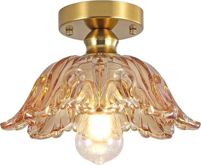Vintage Semi Flush Mount Ceiling Light, Glass Semi Flush Mount Ceiling Light with Amber Floral Glass Shade, Gold Metal E26 Vintage Flush Mount Ceiling Light for Kitchen Dining Room Bedroom Hallway