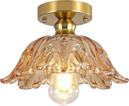 Vintage Semi Flush Mount Ceiling Light, Glass Semi Flush Mount Ceiling Light with Amber Floral Glass Shade, Gold Metal E26 Vintage Flush Mount Ceiling Light for Kitchen Dining Room Bedroom Hallway