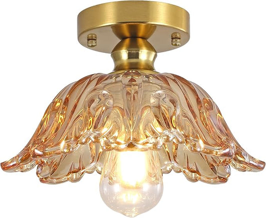 Vintage Semi Flush Mount Ceiling Light, Glass Semi Flush Mount Ceiling Light with Amber Floral Glass Shade, Gold Metal E26 Vintage Flush Mount Ceiling Light for Kitchen Dining Room Bedroom Hallway