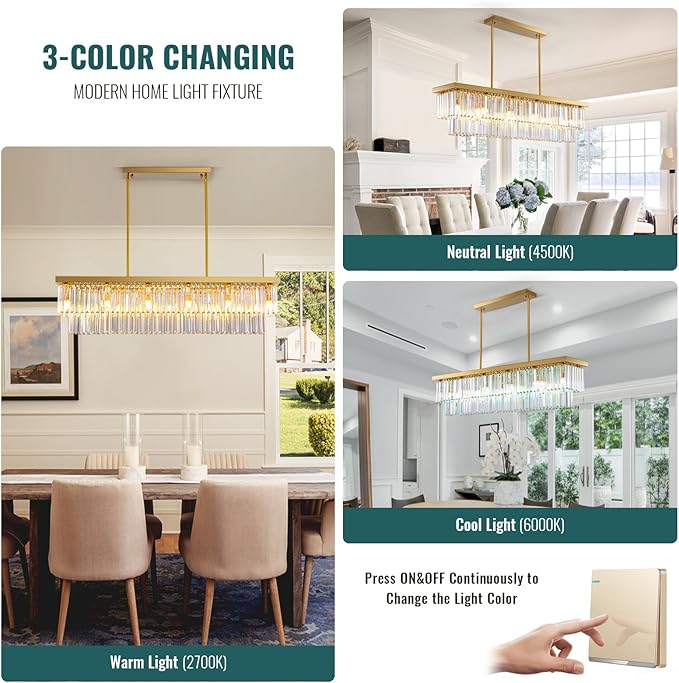 Siljoy Rectangular Gold Crystal Chandelier for Dining Room, 12-Light Modern Rectangle K9 Crystal Raindrop Chandelier Dimmable Ceiling Light for Living Room Kitchen Island, L47'' x W10'' x H10''