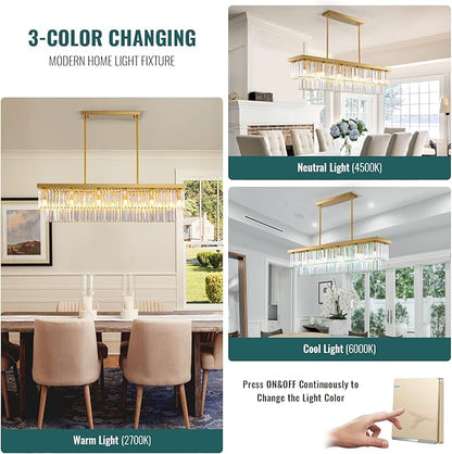 Siljoy Rectangular Gold Crystal Chandelier for Dining Room, 12-Light Modern Rectangle K9 Crystal Raindrop Chandelier Dimmable Ceiling Light for Living Room Kitchen Island, L47'' x W10'' x H10''