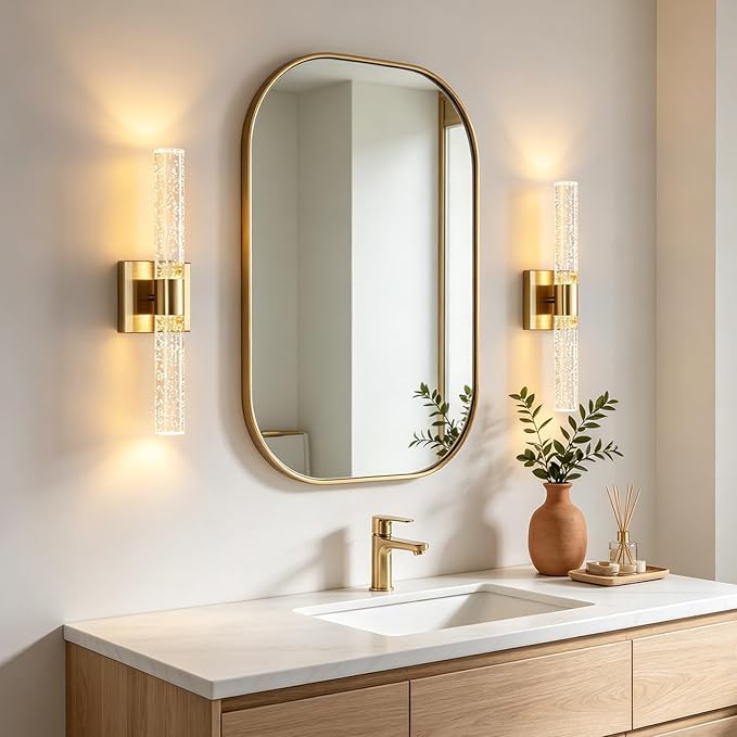 18 Inch Bathroom Sconces Set of 2, 3 Color Temperature Bubble Crystal Led Wall Sconce Indoor Wall Mount Vanity Light Bar Brass Hardwired Wall Sconce for Bedroom Living Room, 12W