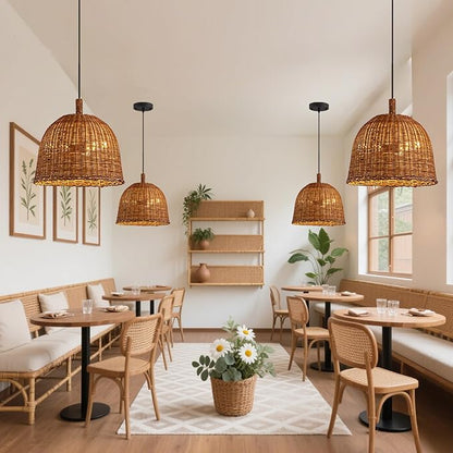 HUEHENGHAO 3-Light Dark Brown Rattan Pendant Light, 13.78" Basket Chandelier Farmhouse Wicker Pendant Light, Basket Wicker Chandelier for Dining Room Kitchen Island Living Room Famhouse