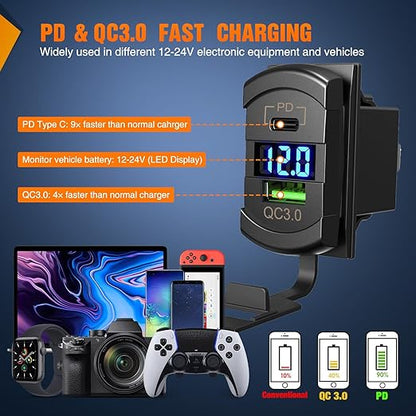 Nilight 8 Gang Rocker Switch Panel with PD Type C and USB Charger Voltmeter 12V SPST ON Off Toggle Switches w/Blue Backlit Waterproof Aluminum for Boats Cars RVs Trucks
