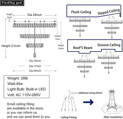 Flashing God Dia 24" Modern Chandelier for Living Room Gold Crystal Ceiling Chandelier Flush Mount Ceiling Light for Dining Room Bedroom Hallway LED Light Fixture Dimmable with Remote