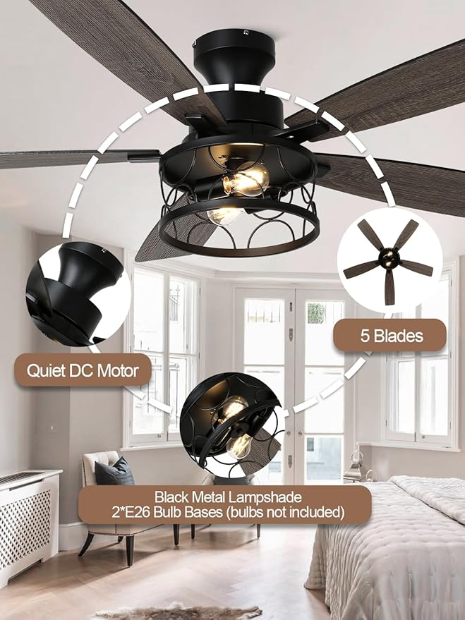52 Inch Farmhouse Ceiling Fan with Lights Remote Modern Caged Chandelier Fan Rustic Fandelier, 5 Dual Blades, Reversible Quiet DC Motor 6 Speeds for Bedroom Patio (Metal Caged)