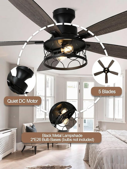 52 Inch Farmhouse Ceiling Fan with Lights Remote Modern Caged Chandelier Fan Rustic Fandelier, 5 Dual Blades, Reversible Quiet DC Motor 6 Speeds for Bedroom Patio (Metal Caged)
