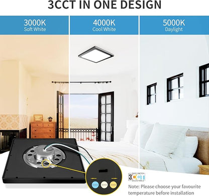 9 Inch Square Black Ceiling Light, 18W, 120V, 3000K/4000K/5000K Adjustable, Dimmable Slim LED Ceiling Light, Low Profile Fixtures for Bedroom, Kitchen, Hallway, Laundry, ETL Listed, Each Side is 8.43"