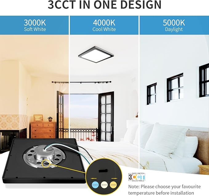 4 Pack 12 Inch Square Black Ceiling Light, 24W 120V, 3000K/4000K/5000K, Dimmable Slim LED Ceiling Light, Ceiling Light Fixtures for Bedroom, Kitchen, Hallway, Laundry, ETL Listed, Each Side is 11.38"