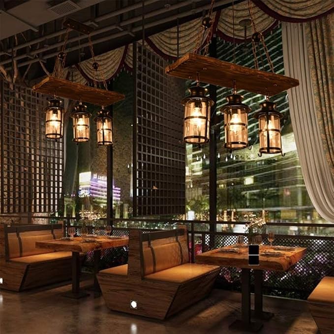 Wood Retro Pendant Lighting Industrial Vintage Chandelier Black Metal Bedroom Restaurant Suspension Lamp Cage Frame with Glass Shade House Loft Bar Coffee Decoration Ceiling Lights Fitting, E27