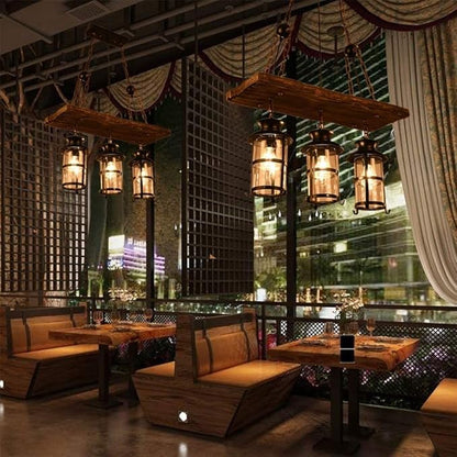 Wood Retro Pendant Lighting Industrial Vintage Chandelier Black Metal Bedroom Restaurant Suspension Lamp Cage Frame with Glass Shade House Loft Bar Coffee Decoration Ceiling Lights Fitting, E27