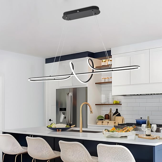 Black Modern Chandelier, 43.30" Large Modern Led Pendant Light for Kitchen Island with Remote,Dimmable Led Chandelier for Dining Room Adjustable Height Ceiling Hanging