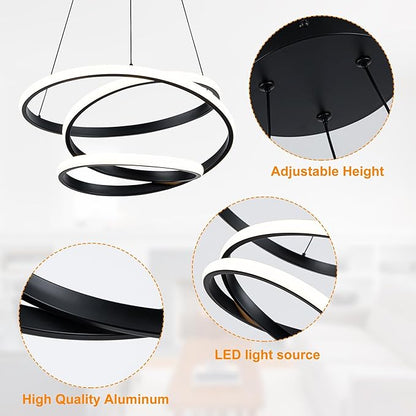 Mayful Modern Chandelier with Remote Control, 3-Color Dimmable LED Pendant Light Fixtures, Height Adjustable Kitchen Island Lighting for Dining Room,Bedroom,Living Room,Foyer,Office Black 19.7 inches