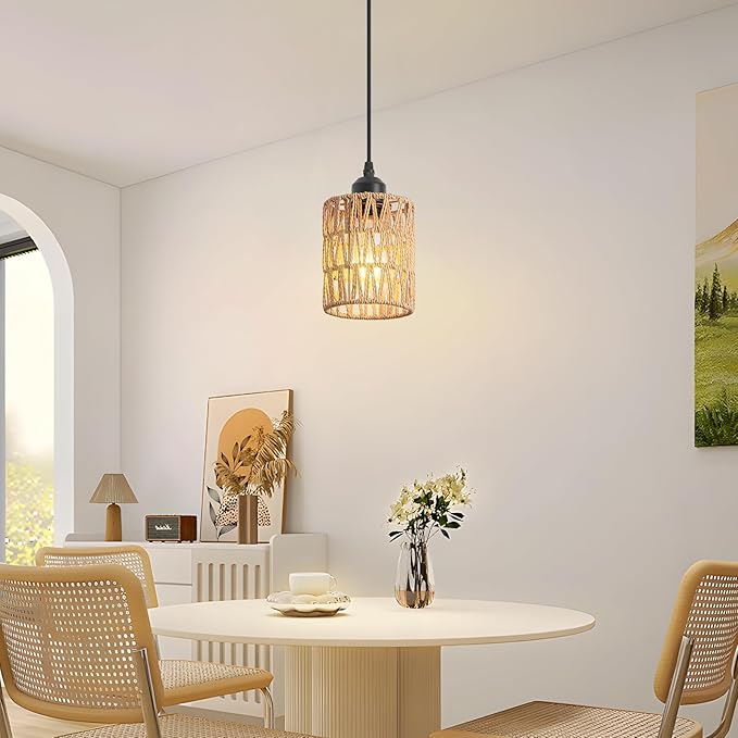 Rattan Chandelier Pendant Lights Kitchen Island,Farmhouse Boho Chandeliers Adjustable Height Hanging lamp for Dining Room,Small Kitchen Ceiling Light Fixtures with Hand Woven Wicker Lampshade