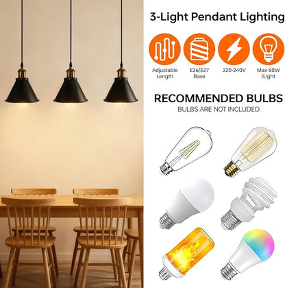 FIRVRE Pendant Light 3-Flame Height Adjustable, Ceiling Lamp Hanging Vintage for Dining Room Hallway Living Room, E26 Hanging Lamp Industrial Metal for Dining Table