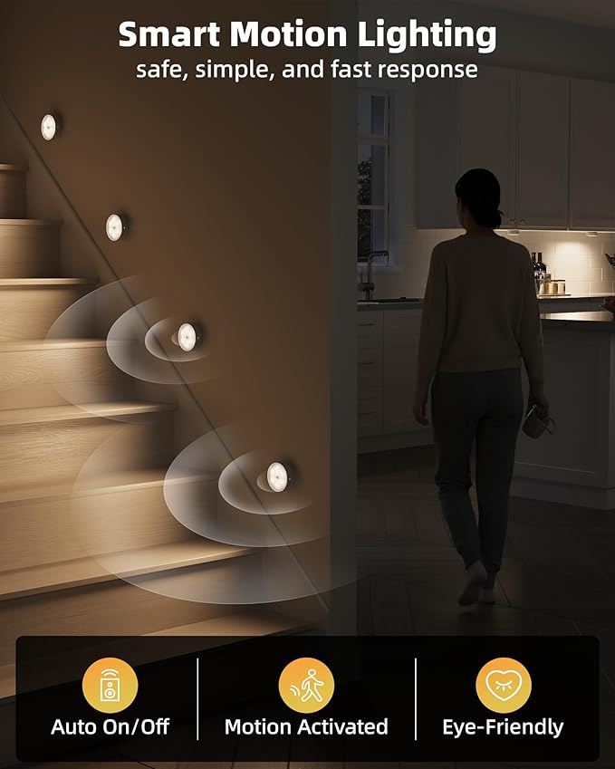 EZVALO 8 Pack Motion Sensor Closet Lights with Charging Station, 1200mAh Rechargeable LED Night Lights, Under Cabinet Lights, Puck Light, Dimmable, 3 Color Temps, Magnetic, Stick-On for Kitchen