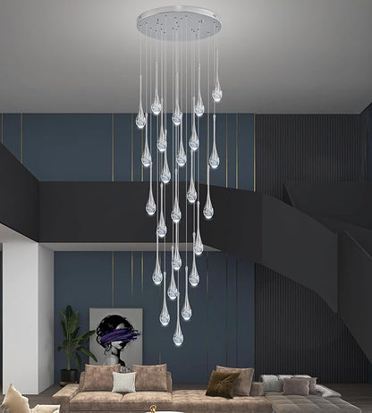 Modern Crystal Staircase Chandelier Polished Chrome 24-Lights, H138'' Large High Ceiling Spiral Dimmable LED Raindrop Foyer Entryway Light Fixture Remote Control
