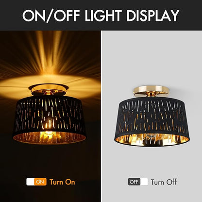 Modern Ceiling Light Fixture, 10 Inch Semi Flush Mount Lamp with Black Cut-Out Linen Shade, E26 Base, Gold for Kitchen Bedroom Hallway Closet Entryway Room Small Spaces