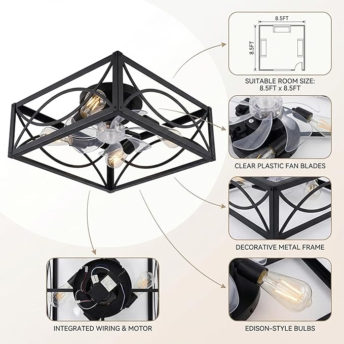 LIONVISON Caged Ceiling Fan with Lights: 16" Small Flush Mount Low Profile Fandelier with Remote DC Motor Reversible 6 Speeds Farmhouse Industrial Ceiling Fans for Bedroom Kitchen Black