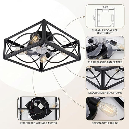 LIONVISON Caged Ceiling Fan with Lights: 16" Small Flush Mount Low Profile Fandelier with Remote DC Motor Reversible 6 Speeds Farmhouse Industrial Ceiling Fans for Bedroom Kitchen Black