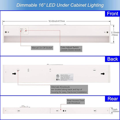 3 Color Level Dimmable LED Under Cabinet Task Lighting with ETL Listed, 3000K/3500K/4000K, Hardwired or Plugged-in, 16 inch 120V 10W 650 Lm, White Finished