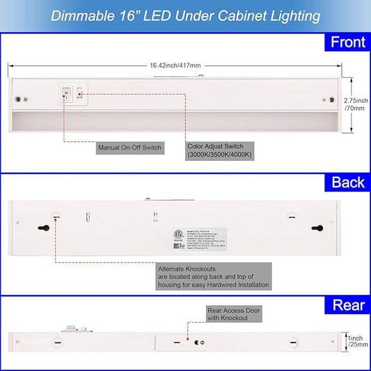 3 Color Level Dimmable LED Under Cabinet Task Lighting with ETL Listed, 3000K/3500K/4000K, Hardwired or Plugged-in, 16 inch 120V 10W 650 Lm, White Finished
