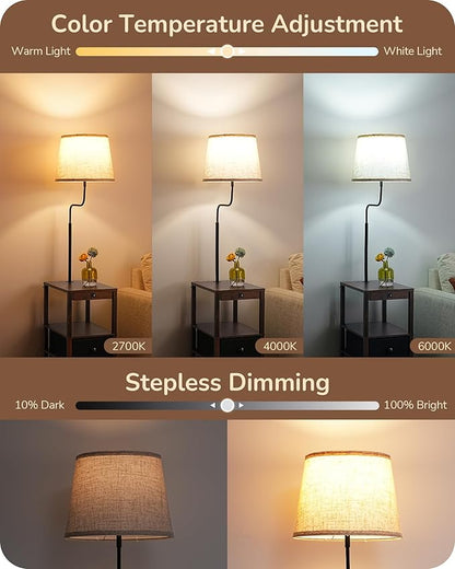 EDISHINE Floor Lamps for Living Room, 3000K-6500K Dimmable Floor Lamp with Table, USB-A+Type-C Charging Port, Table with Lamp Attached for Bedroom, Den, Office, Fire-Burned Wood Color