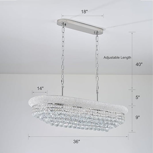 Rectangle Crystal Chandeliers for Dining Room, L36 inch Rectangular Oval Light for Kitchen Island (Chrome)