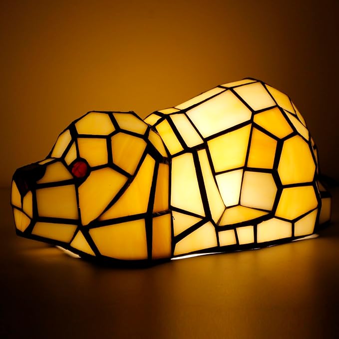 Small Tiffany Lamp Stained Glass Animal Table Lamp Mini Accent Desk Light (Amber White Dog)