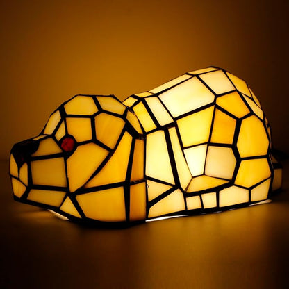 Small Tiffany Lamp Stained Glass Animal Table Lamp Mini Accent Desk Light (Amber White Dog)