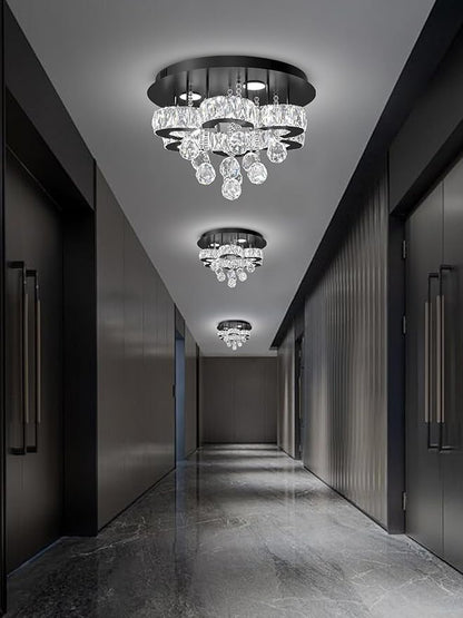 Flashing God 16" Small Crystal Chandelier LED Ceiling Light Fixtures Stainless Steel Flush Mount Ceiling Chandeliers Light for Bedroom,Foyer,Hallway