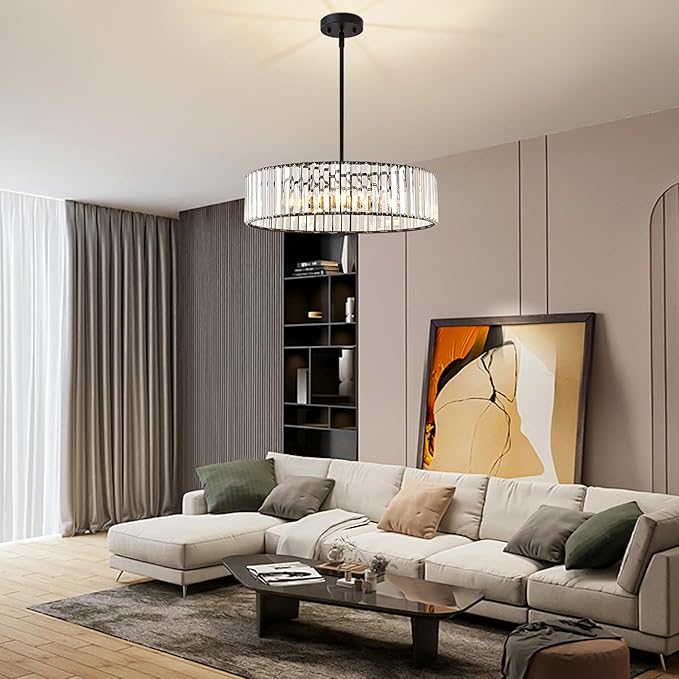 YURNYQ Black Crystal Chandelier for Dining Room, 6-Light Modern Semi Flush Mount Chandelier Lighting Fixtures, Round Kitchen Hanging Drum Pendant Lights Ceiling for Living Room Bedroom Foyer, 19.6Inch