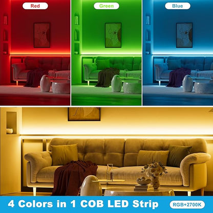 RGBW COB LED Strip Light 20ft RGB+2700K 12V Color Changing UL-Listed LED Light Strip Multicolored Flexible RGB Lights for Party Decoration Home DIY Lighting Projects(NO Adapter or Controller)