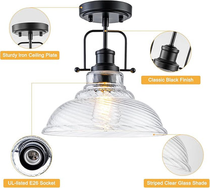 WILON Flush Mount Ceiling Light, Black Farmhouse Ceiling Light with Striped Clear Glass Shade, Light Fixtures for Dining Room Ceiling, Semi Flush Mount Ceiling Lights for Kitchen Entryway