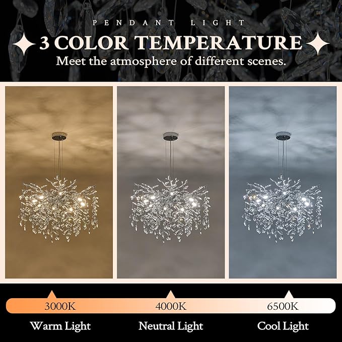 Benkut Modern Tree Branch Crystal Chandelier 23.6" Silver Crystal Dining Room Chandeliers 8-Light Luxury Pendant Lighting for Kitchen Bedroom Living Room