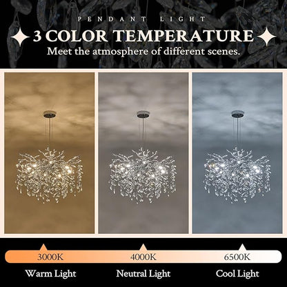 Benkut Modern Tree Branch Crystal Chandelier 23.6" Silver Crystal Dining Room Chandeliers 8-Light Luxury Pendant Lighting for Kitchen Bedroom Living Room