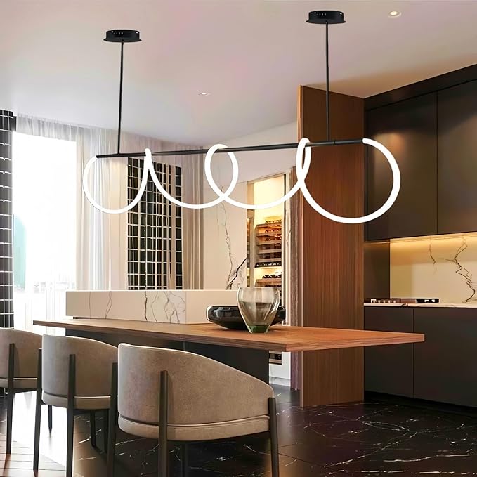 Modern Dimmable Desk Linear Pendant Light, with Remote 3 Color Mode & Brightness Ring Chandelier, 47 in Dining Room Ceiling Lamp Fixture, Black Restaurant Kitchen Long Hose Lamp