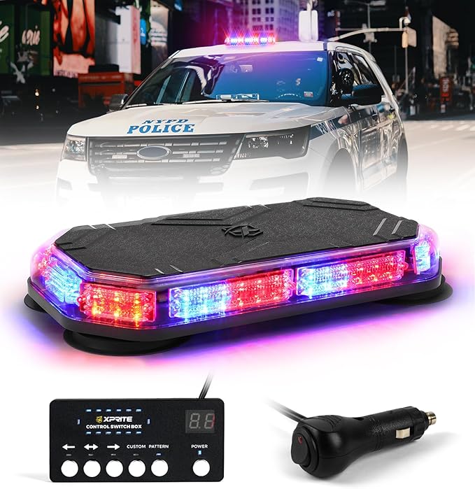 Xprite Red Blue Rooftop Emergency Strobe Light Bar, Beacon Safety Flashing Police Lights w/Control Panel Magnetic Base for Police Law Enforcement POV Vehicles Trucks