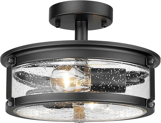 2-Light Semi Flush Mount Ceiling Light Fixture, Industrial Farmhouse Lighting, Black Matte Metal Hallway Ceiling Light with Seeded Glass for Bedroom,Living Room,Kitchen,Entryway,Dining Room