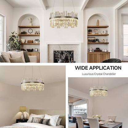 Nickel Led Modern Crystal Chandelier: 19.7" Round Contemporary 3 Color Dimmable Dining Room Light Fixture over Table - Adjustable Lighting Chandelier for Bedroom Living Kitchen Island Entryway Foyer