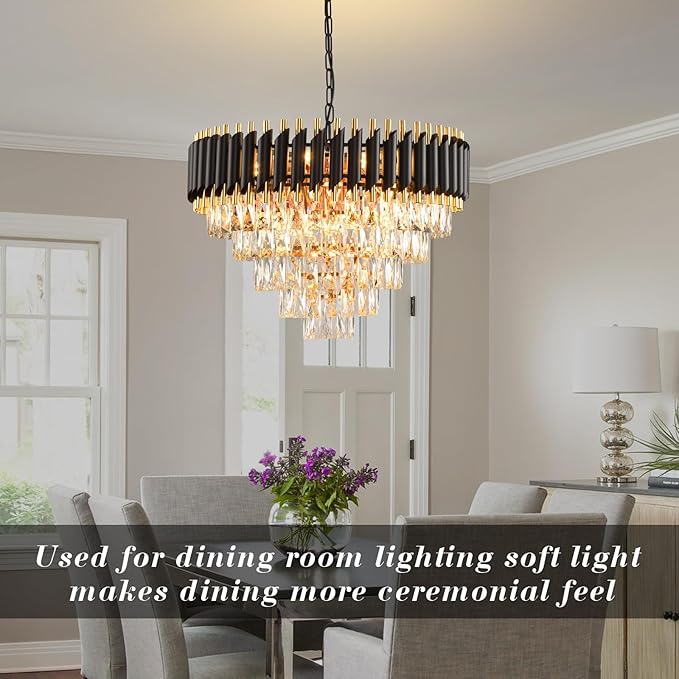 Gold Modern Crystal Chandelier 5-Tier Round Living Room Chandelier Light Fixture Black Large Crystal Chandeliers Pendant Ceiling Light Fixture for Dining Room Bedroom Entryway Staircase Foyer W24in