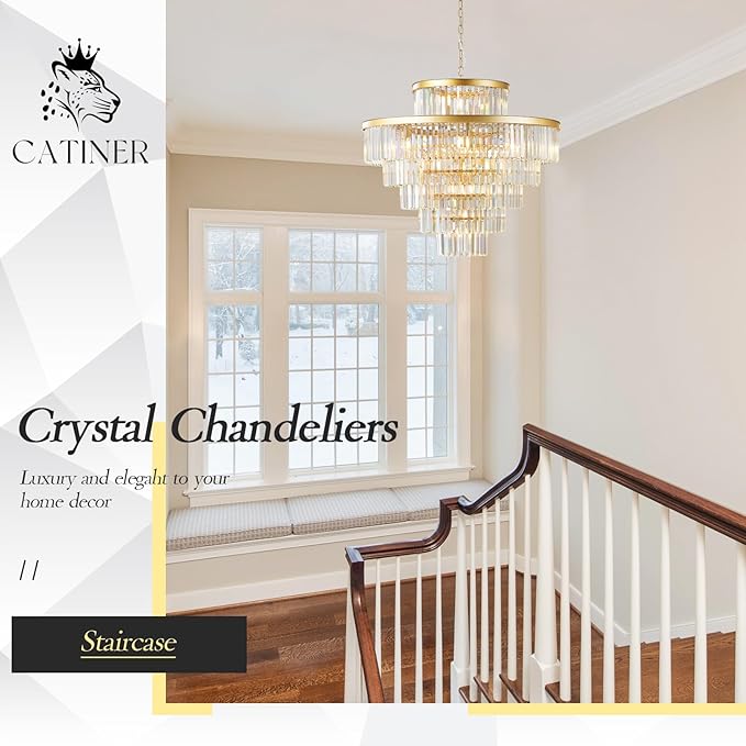 CATINER Large 36" Gold Crystal Chandeliers 23 Lights Modern Luxury Chandelier for Foyer Staircase Chandeliers 6 Tiers Round K9 Ceiling Pendant Lighting Fixture for Living Dining Room