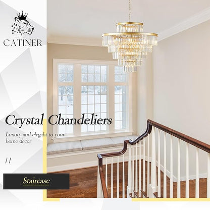 CATINER Large 36" Gold Crystal Chandeliers 23 Lights Modern Luxury Chandelier for Foyer Staircase Chandeliers 6 Tiers Round K9 Ceiling Pendant Lighting Fixture for Living Dining Room