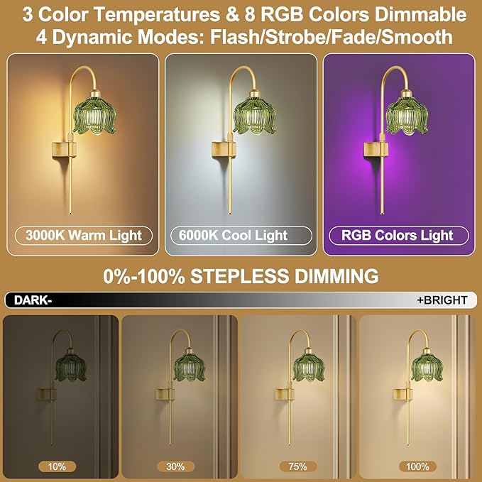 ZECOXOL Glass Battery Operated Wall Sconces Set of Two,Wireless Flower Battery Wall Light with 5000mAh RGB Dimmable Bulb and Remote, Rechargeable Wall Lamp Sconce for Bedroom Living Room Hallway