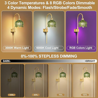 ZECOXOL Glass Battery Operated Wall Sconces Set of Two,Wireless Flower Battery Wall Light with 5000mAh RGB Dimmable Bulb and Remote, Rechargeable Wall Lamp Sconce for Bedroom Living Room Hallway