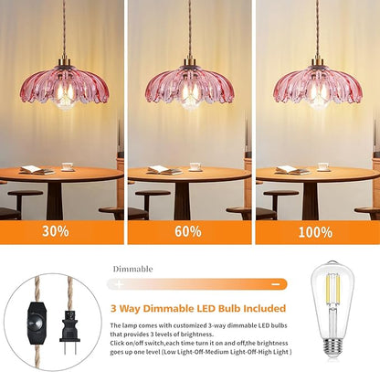 QIYIZM Pink Plug in Pendant Light Hanging Lights with Plug in Cord Boho Hanging Lamp Glass Gold Mid Century Modern Vintage Dimmable Flower Plug in Chandelier Ceiling Fixture for Living Room,Kitchen