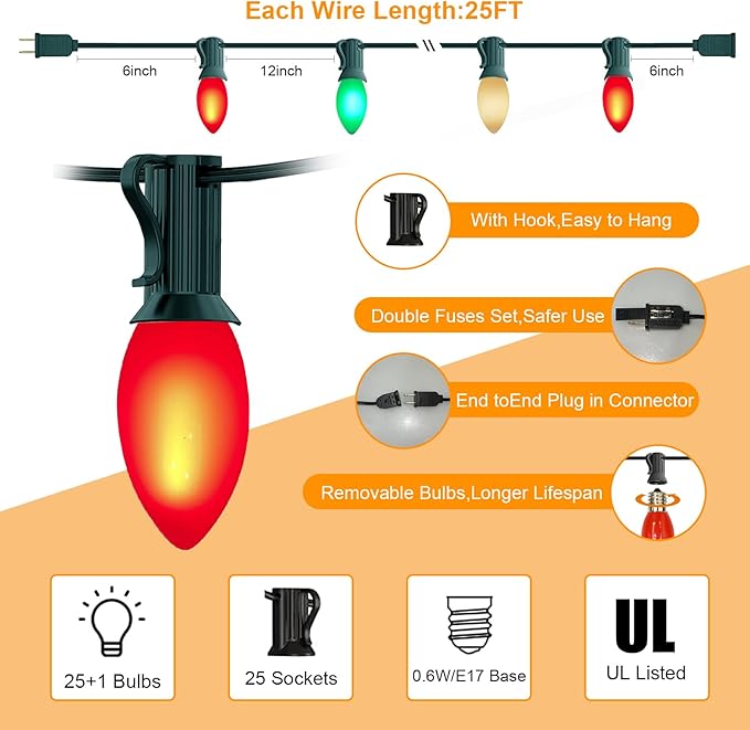 Abeja C9 LED Christmas Lights Outdoor, 25 Ft C9 Vintage String Lights with 26 Shatterproof Multicolor LED Bulbs, Connectable Multicolor Lights for Holiday Party Roofline Garden Patio, Red/Green/White