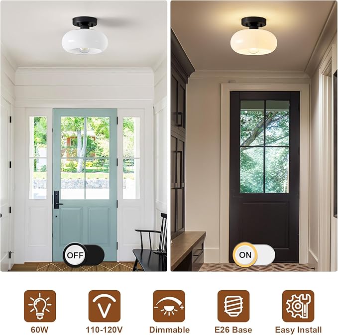 WOKNOS Mid-Century Modern Semi Flush Mount Ceiling Light, Metal Kitchen Light Fixture with Glass Shade, Mini White and Black Colse to Ceiling Lamp for Entryway Hallway Bathroom (8.66 Inch)
