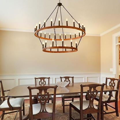 HHR 48" Wood-Grain Surface Double Tier Wagon Wheel Chandelier, 36-Light Round Farmhouse Pendant Light Fixture, Rustic Large Chandelier for Dining Room Living Room Office(Not Solid Wood) E12