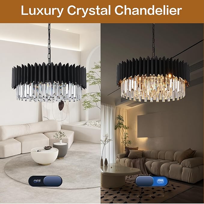 Black Crystal Chandelier 3-Tier Modern Large Crystal Chandelier Semi Flush Mount Chandelier Light Round Ceiling Light Fixture Ceiling Lamp Chandelier for Dining Room Living Room Bedroom